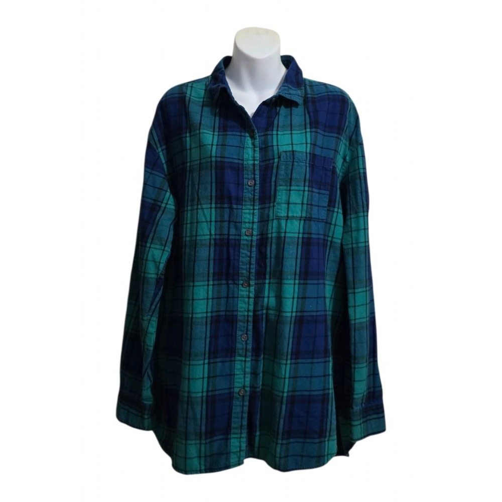 Old Navy Boyfriend Long Sleeve Flannel Button Down In Blue/Green Plaid Sz L Tall